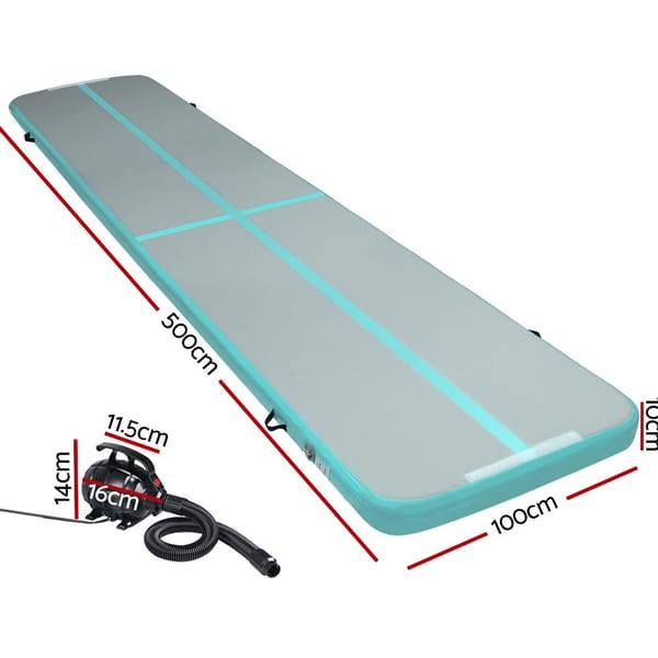 Inflatable air track with pump and measurements on a white background