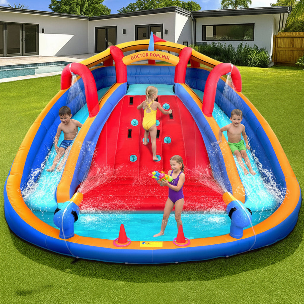 Children playing on an inflatable water slide in a backyard.