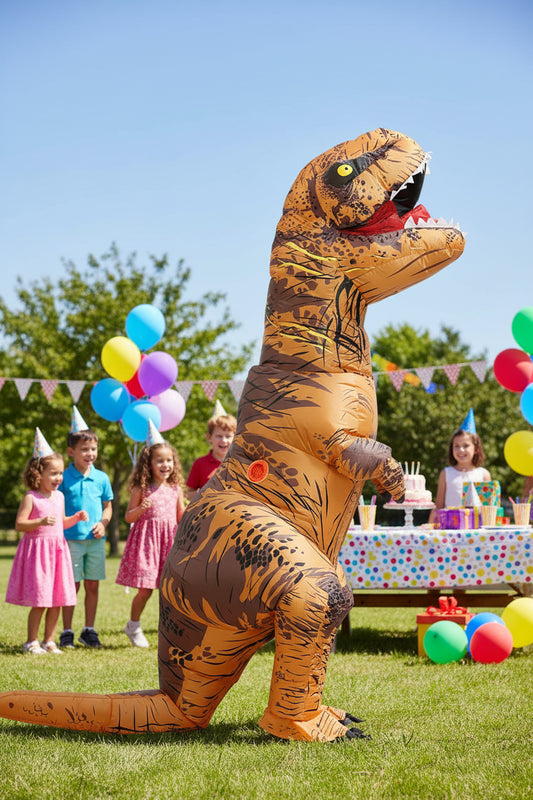 Inflatable T-Rex costume at a children's party