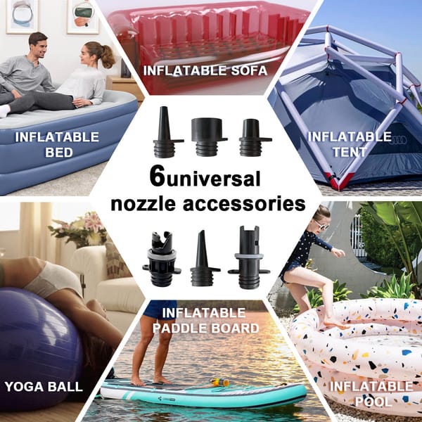 Collage of inflatable products with universal nozzle accessories displayed in the center.
