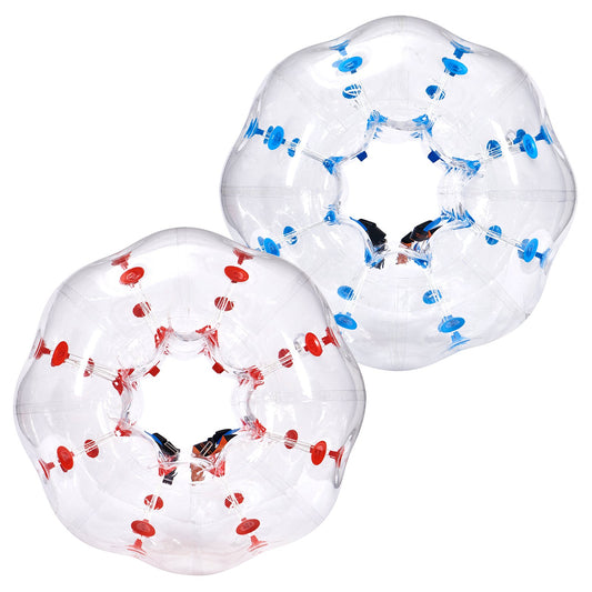 Two clear inflatable rings with colorful designs on a white background