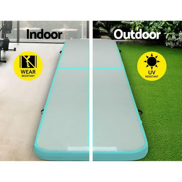 Inflatable air track with wear resistance and UV resistance labels on indoor and outdoor settings.