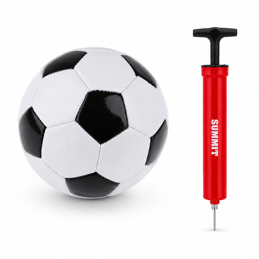 A black and white soccer ball shown next to a red and black SUMMIT hand pump on a clean white background.