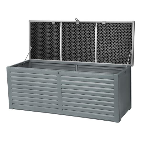 Gray metal storage box with textured lid on a white background