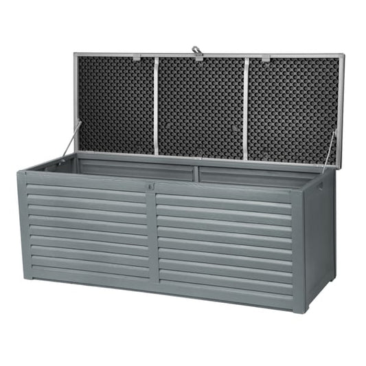 Gray metal storage box with textured lid on a white background