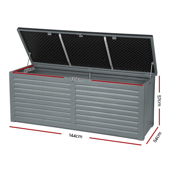 Gray metal storage box with dimensions indicated on a white background