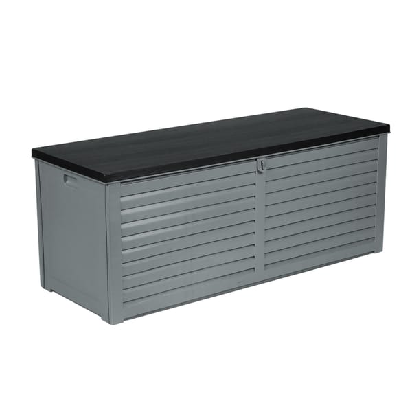 Gray storage bench with black top on a white background