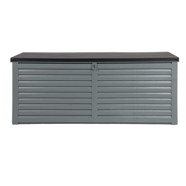 Gray storage box with a black lid on a white background