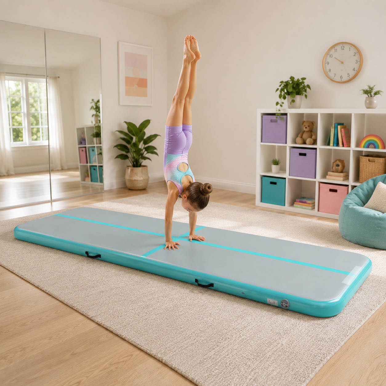 A child in a pastel leotard performs a handstand on a long, light blue and turquoise gymnastics tumbling mat in a bright, modern room with wooden floors, a rug, and storage shelves.