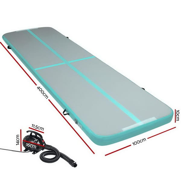 Inflatable air track with pump and measurements on a white background