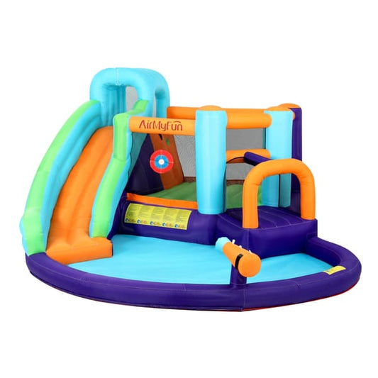 Colorful inflatable playground with slide and various play elements on a white background