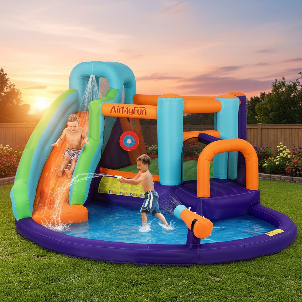 Kids Inflatable Water Park with Slide, Climbing Wall & Water Cannon