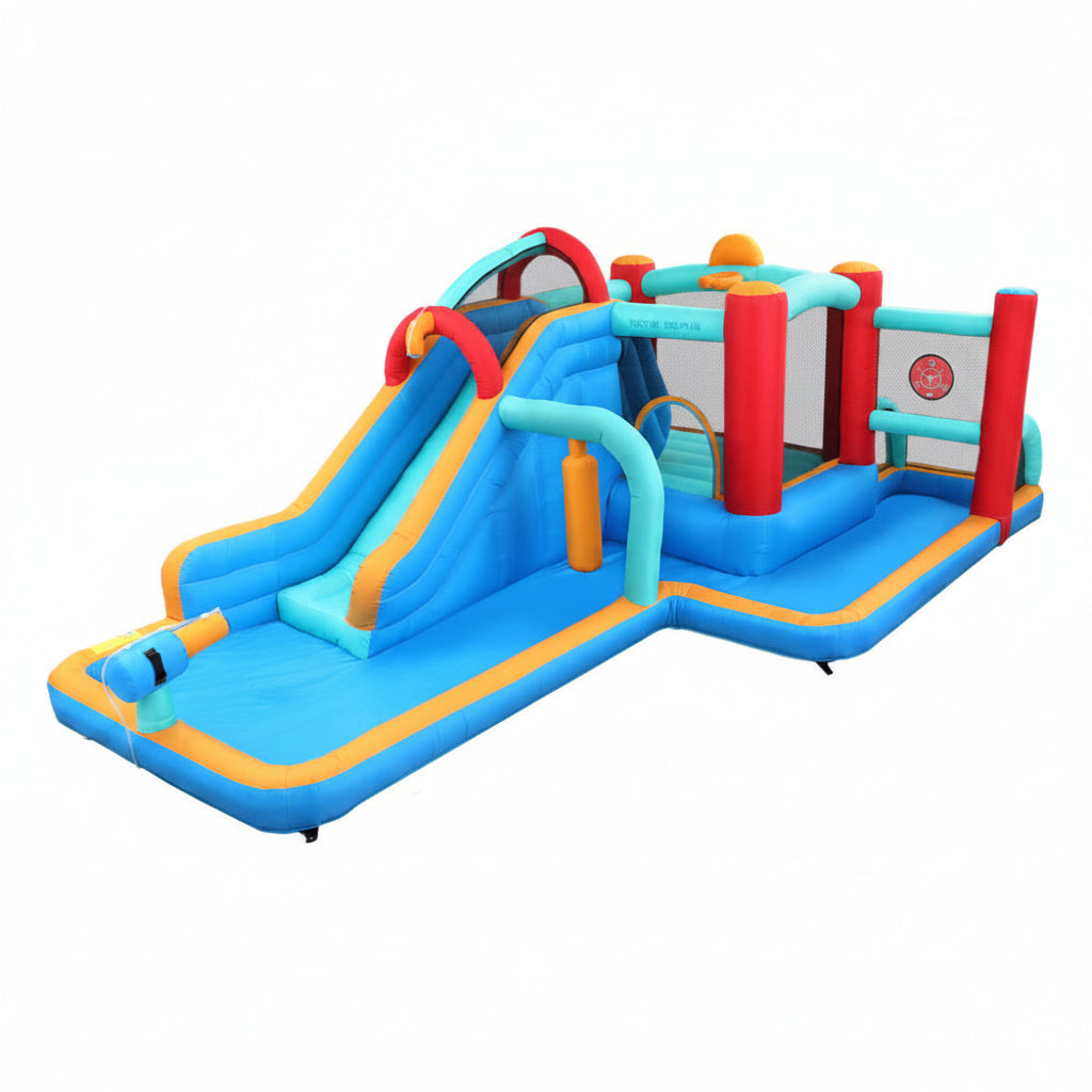 Colorful inflatable playground with slide and obstacles on a white background