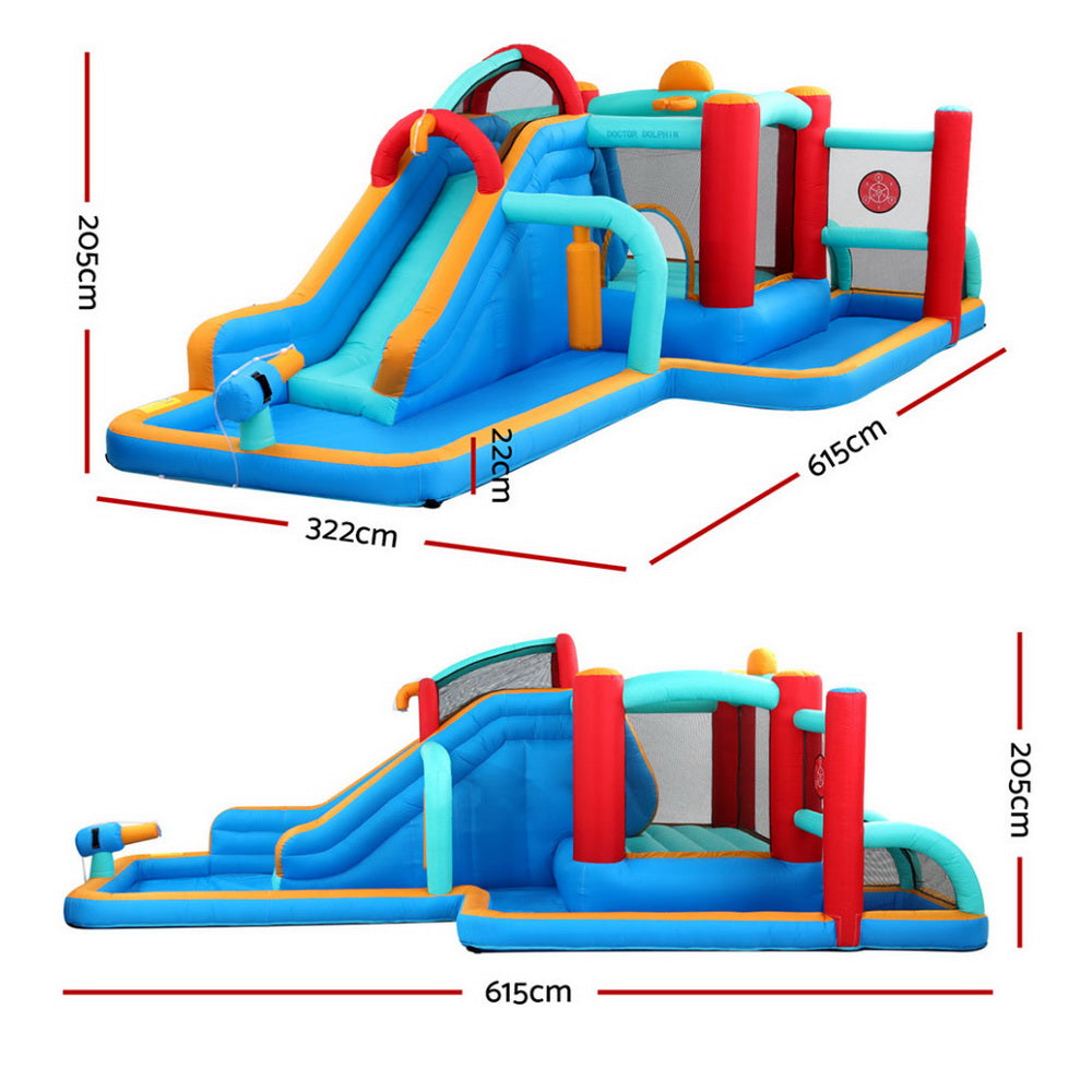 Colorful inflatable playground with dimensions on a white background