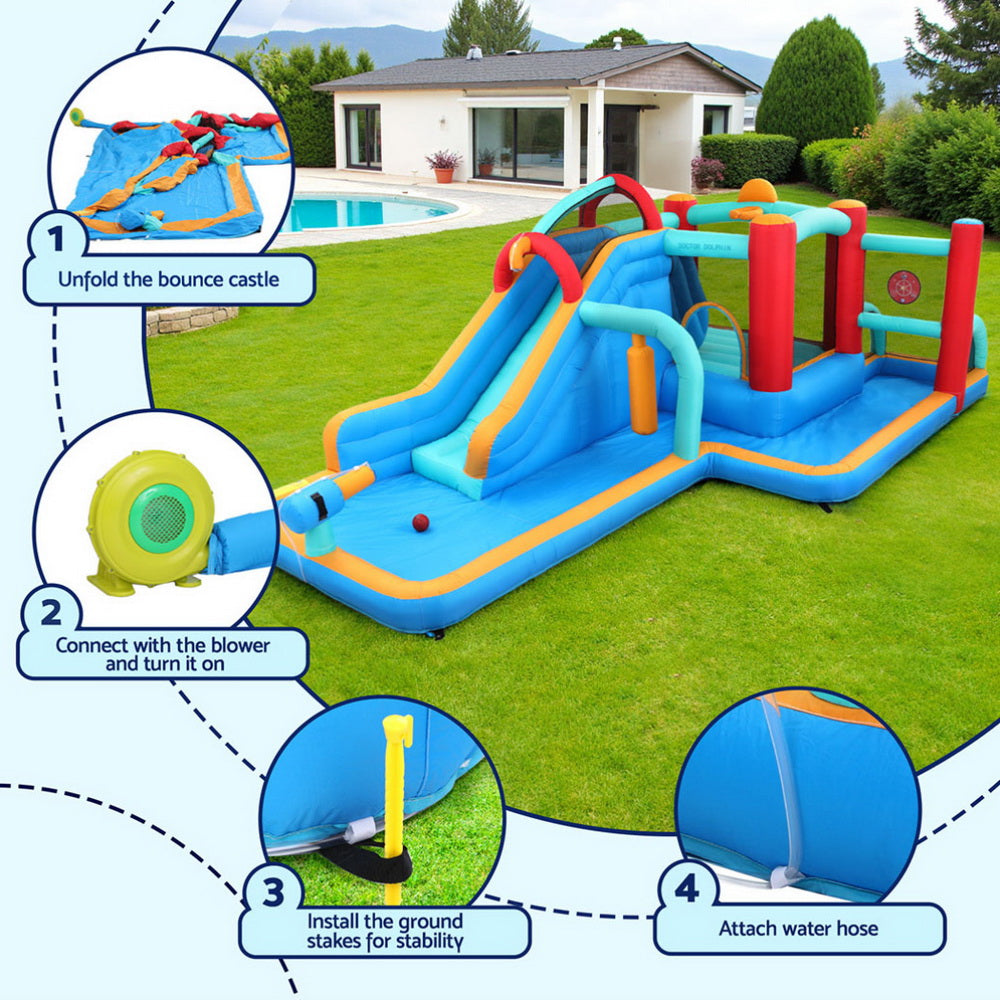 Inflatable water slide and play area on grass with house and pool in the background
