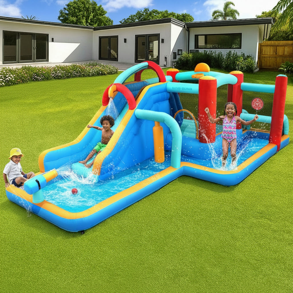 Children playing on a colorful inflatable water slide and play area in a backyard.