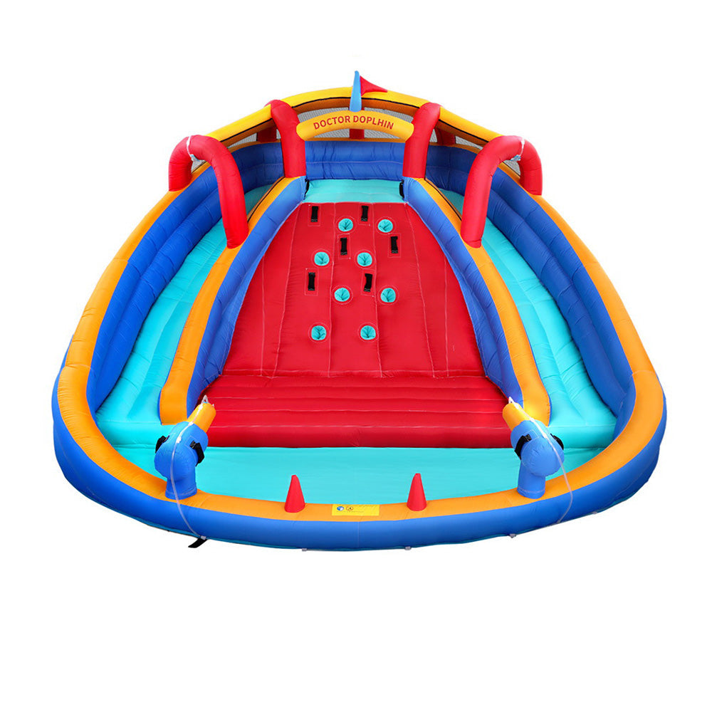 Colourful inflatable playground with slide on a white background