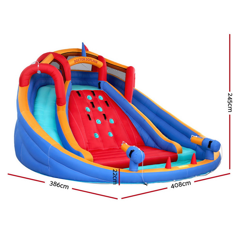 Colourful inflatable water slide with dimensions on a white background