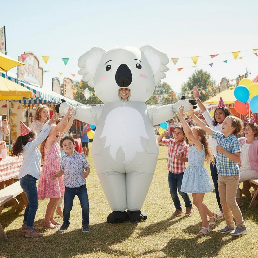 Inflatable koala costume worn at a children's party.