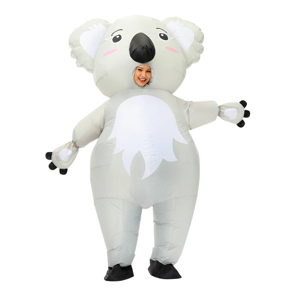 Person wearing a koala costume on a white background