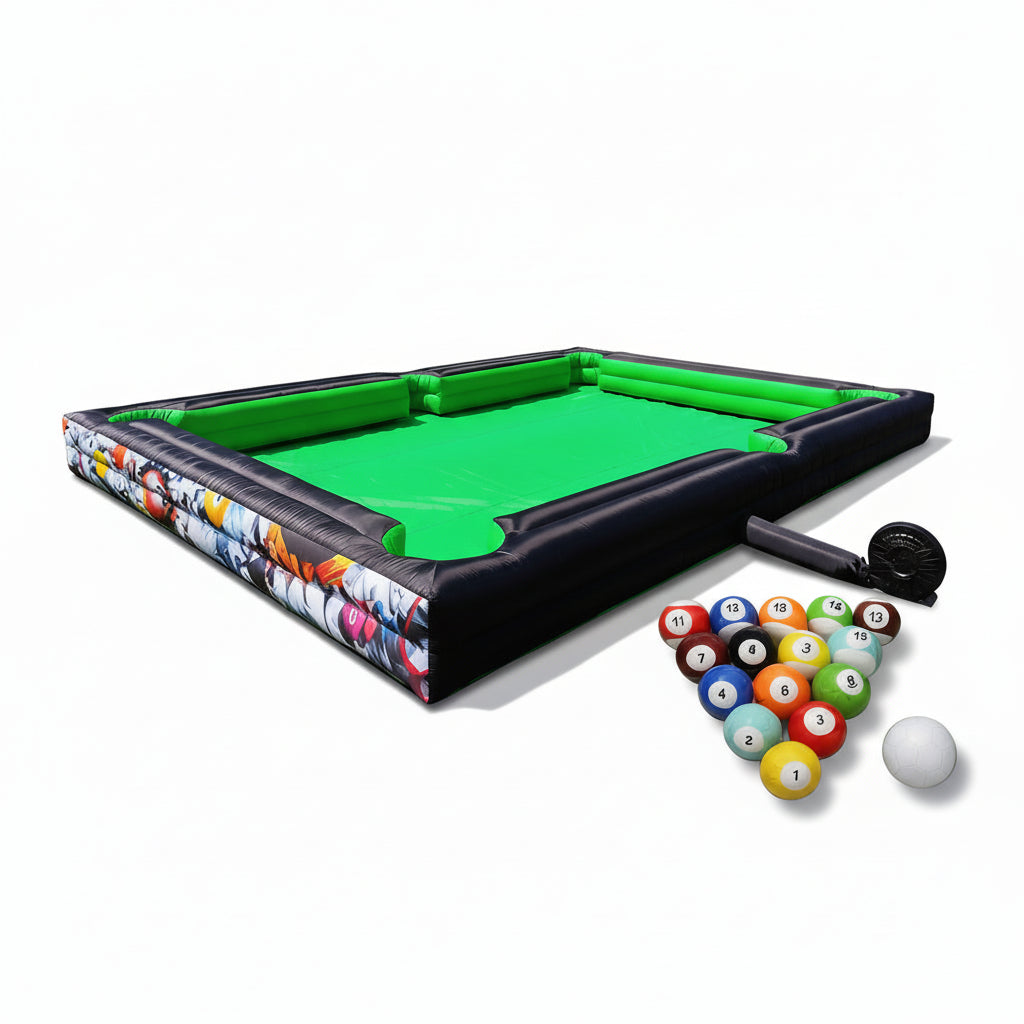 Inflatable pool table with coloured balls on a white background