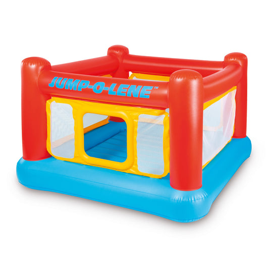 Colorful inflatable Jump-O-Lene playpen on a white background