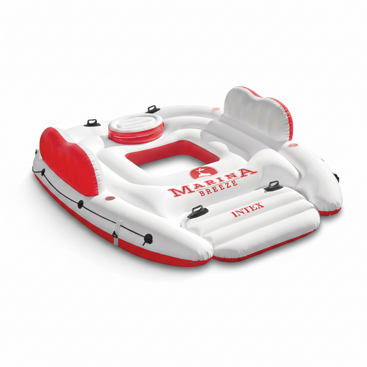 Inflatable pool float with red accents and 'Marina Breeze' branding on a white background