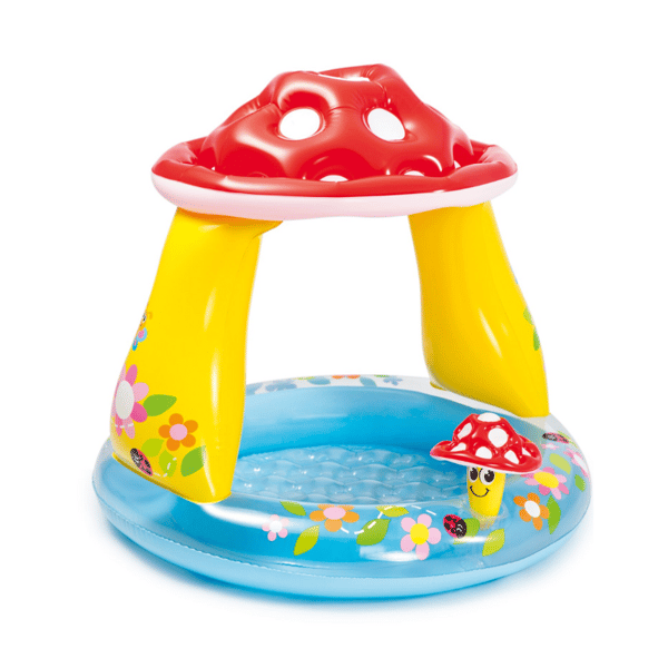 Colorful inflatable pool with mushroom design on a white background