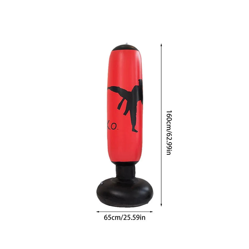 Red and black punching bag with measurements on a white background