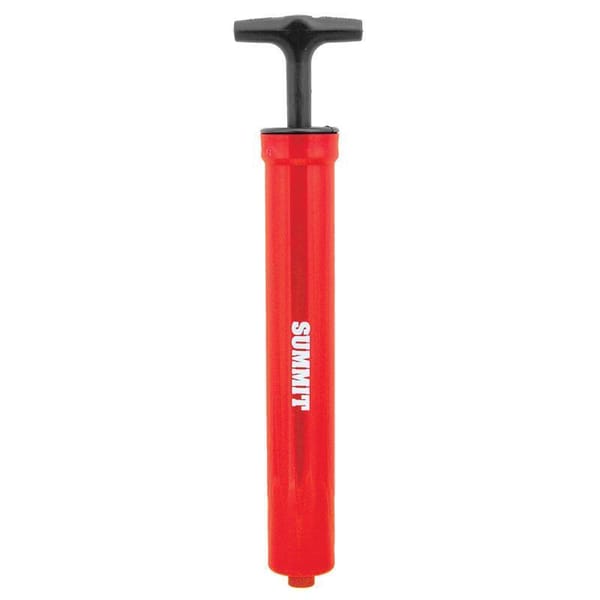 A red hand pump with a black T-handle and the brand name 'SUMMIT' printed vertically in white on the side, isolated on a white background.