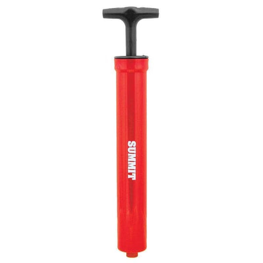 A red hand pump with a black T-handle and the brand name 'SUMMIT' printed vertically in white on the side, isolated on a white background.