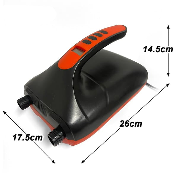 Black and orange air compressor with dimensions labeled on a white background