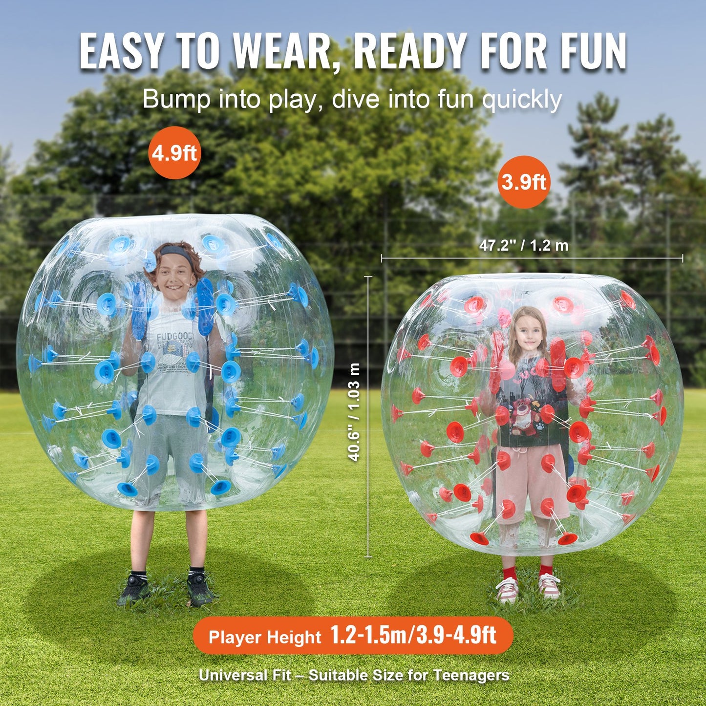 Two children in transparent bubble spheres on grass with text about size and suitability.