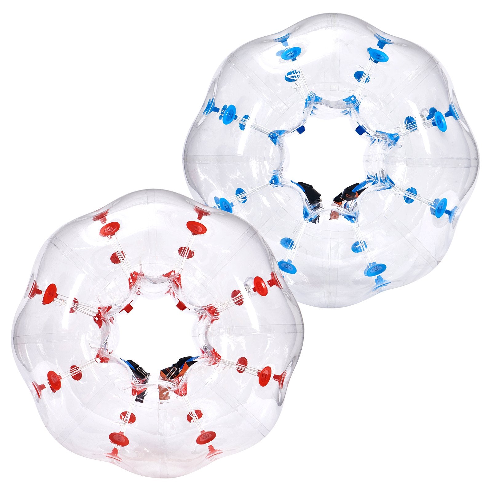 Two clear inflatable rings with colorful designs on a white background