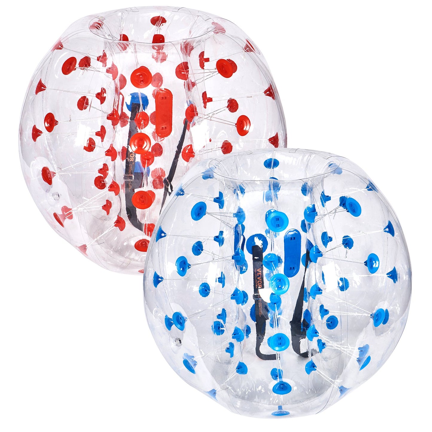Two inflatable bubble spheres with colorful dots on a white background