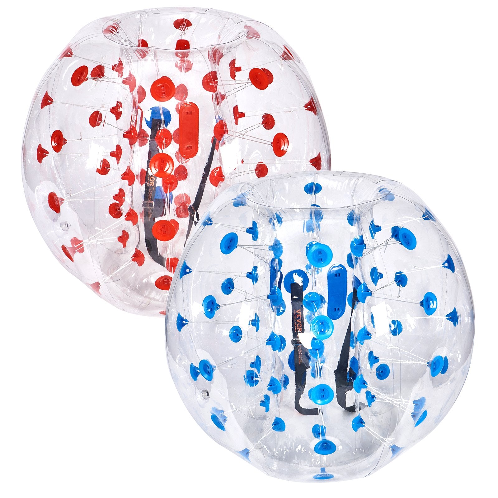 Two inflatable bubble spheres with colorful dots on a white background