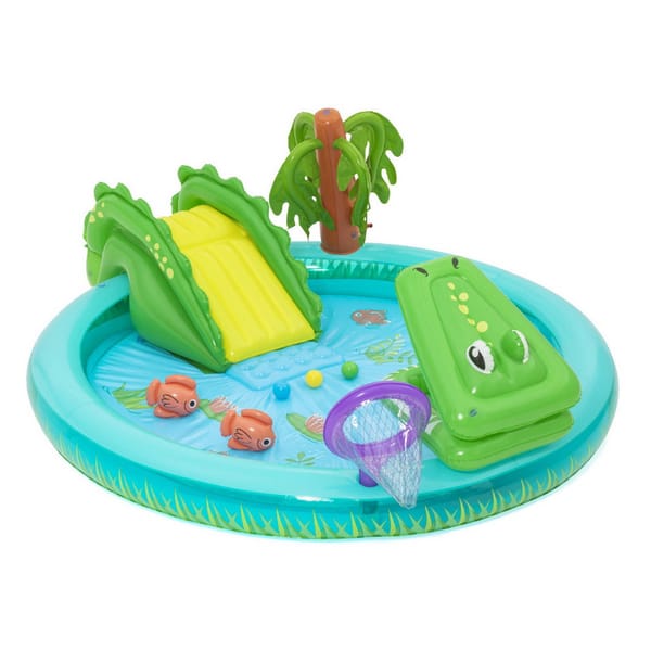 Inflatable children's play center with crocodile design, slide, and water features on a white background
