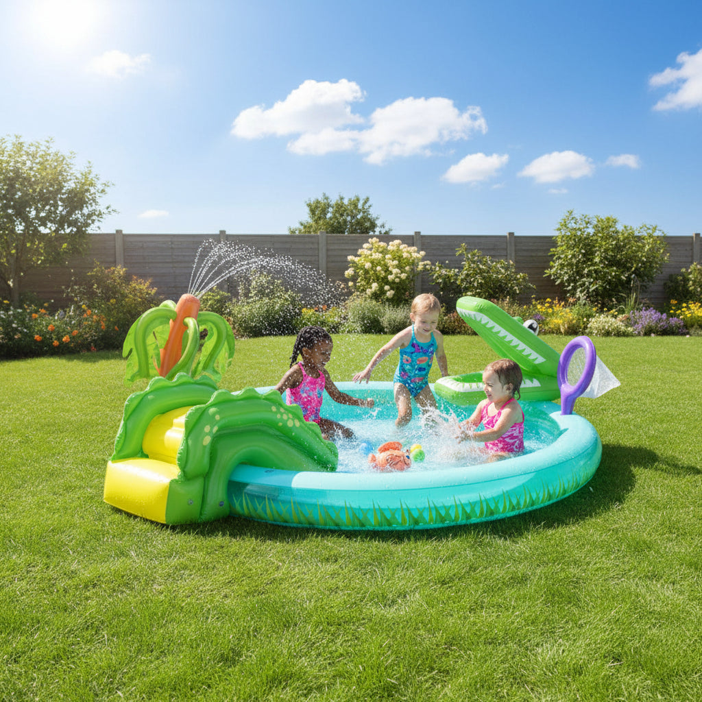 Bestway Kids Inflatable Splash Play Pool – Crocodile Slide & Toss Game